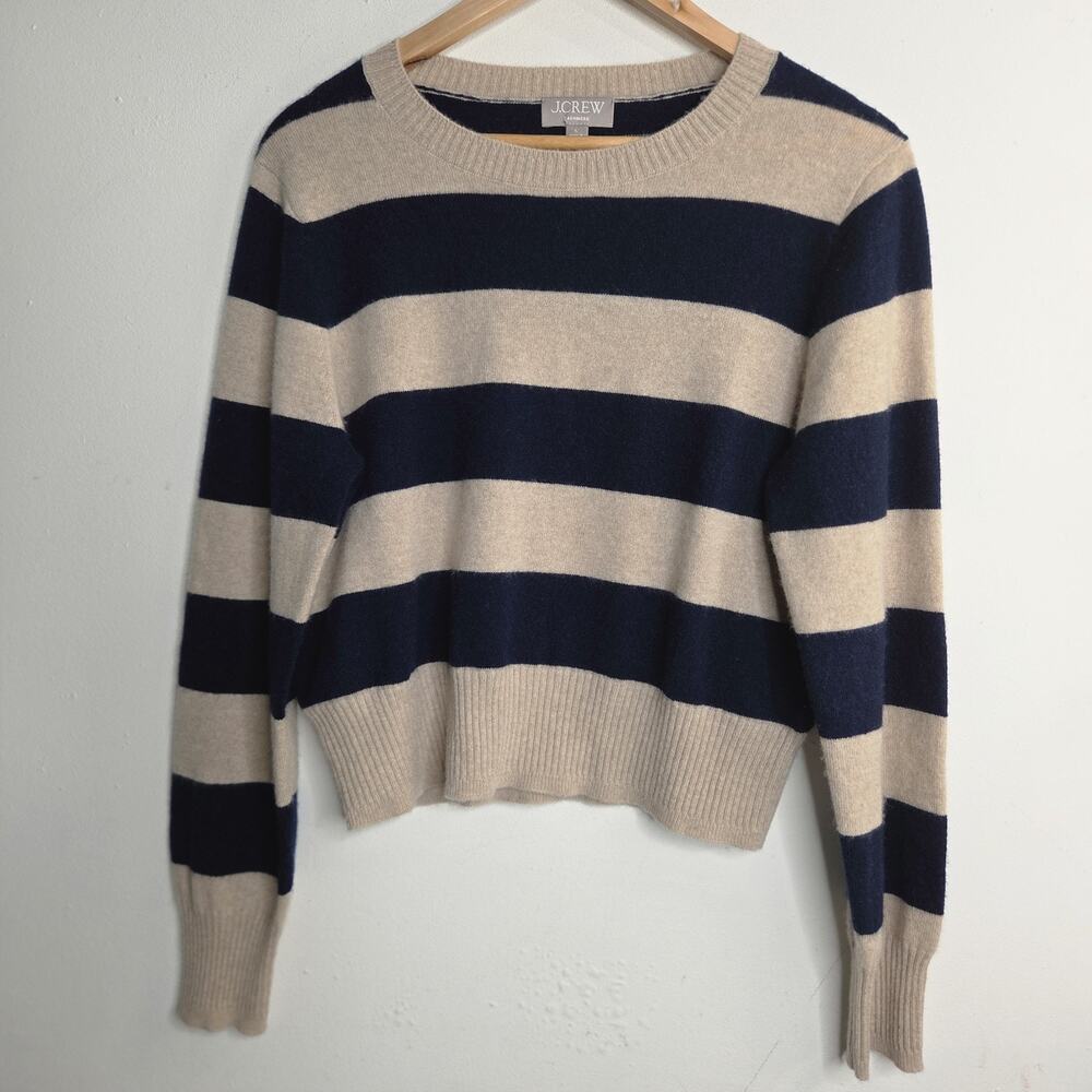 J.Crew Cashmere Sweater L Womens Navy Beige Stripe Crew Neck Excellent